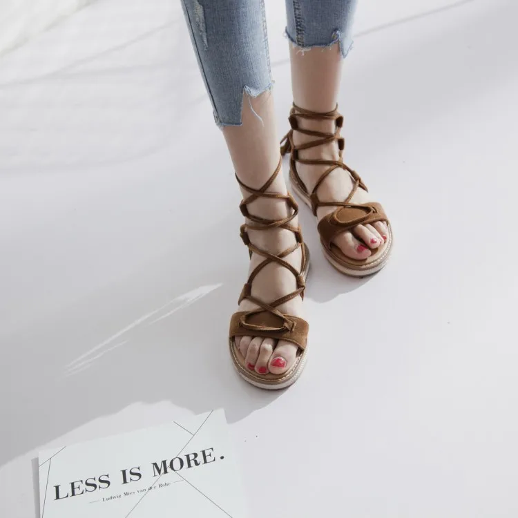 

Big Size 9 10 11-14 summer flat sandals ladies women shoes woman Cross strap back zipper fringe lacing