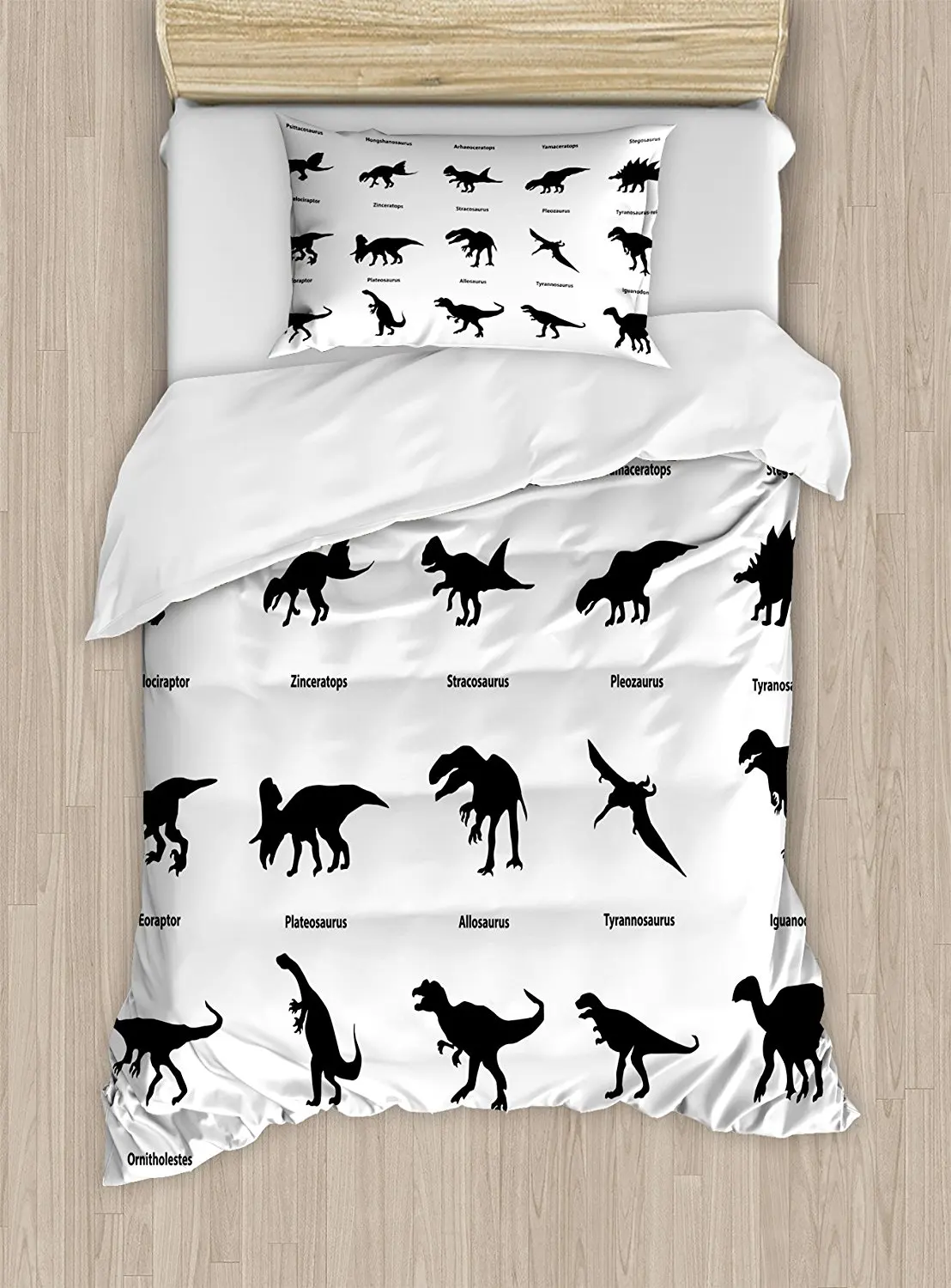 

Dinosaur Duvet Cover Set Collection of Different Dinosaurs Silhouettes with Their Names Evolution Wildlife 4 Piece Bedding Set