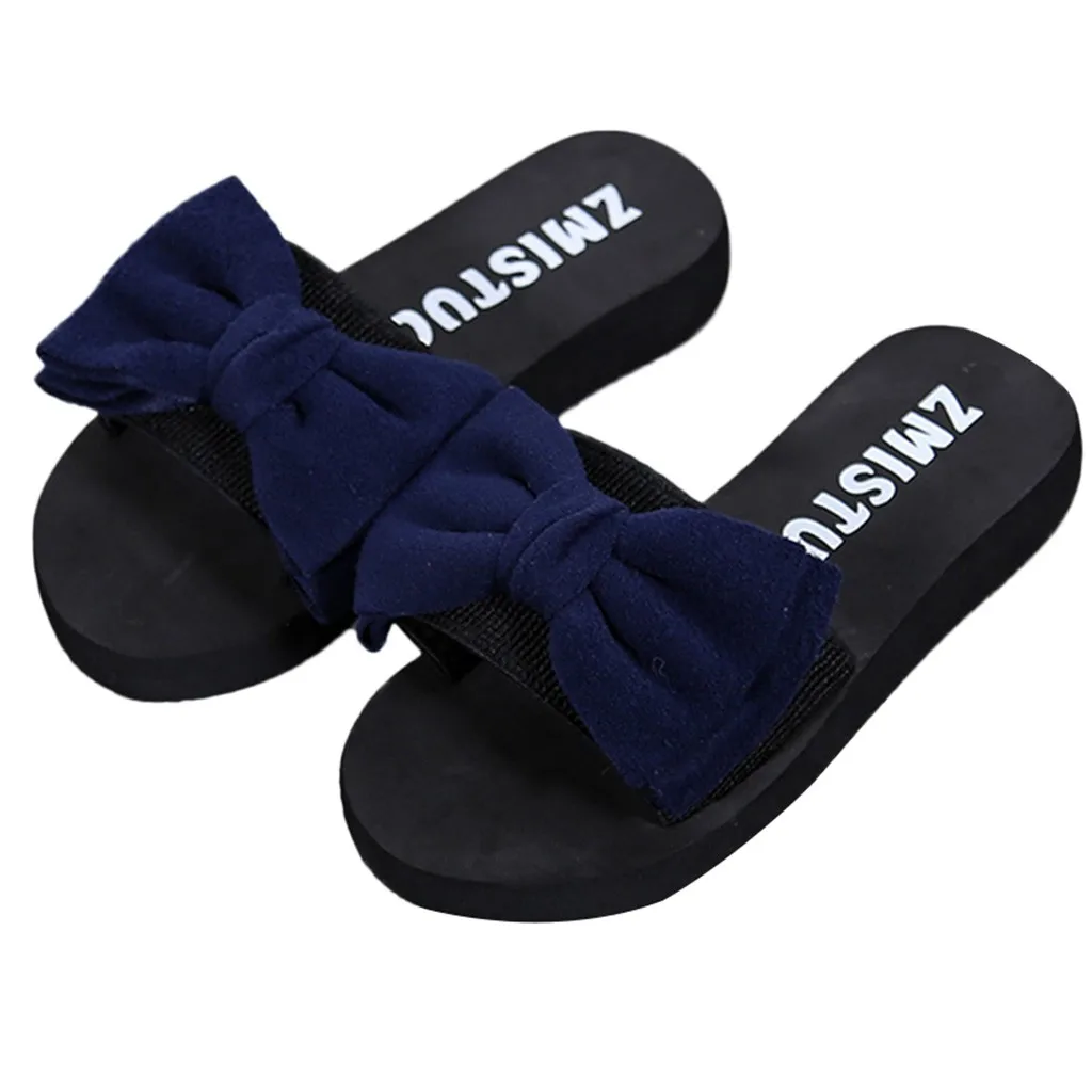 Summer Women Shoes Platform bath slippers Wedge Beach Flip Flops High Heel Slippers For Girl Ladies Bow-knot Shoes#P - Цвет: Blue