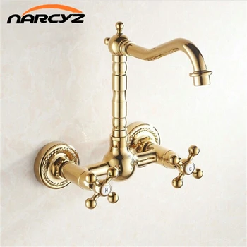 

Wall Brass Gold Hot&Cold Bathroom Kitchen Basin Sink swivel Faucet Mixer Tap G1007