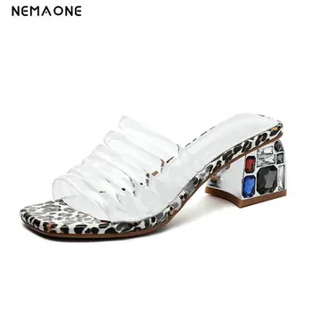 

NEMAONE crystal high heels ladies Slippers Women genuine leather sandals woman Footwear Dress wedding Shoes Female