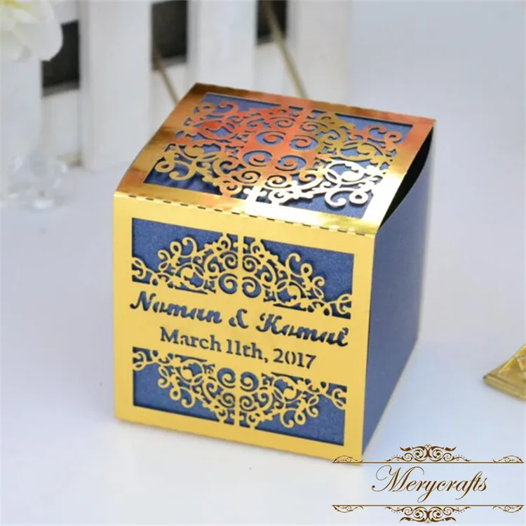 Personalised wedding laser cut folded navy blue favor box with metallic