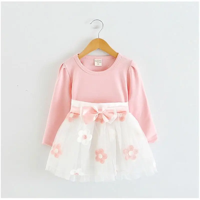 Детские платья для девочек; коллекция года; зимнее Хлопковое платье с цветочным узором для малышей; Одежда для новорожденных девочек 1 года; vestido infantil fille - Цвет: Pink