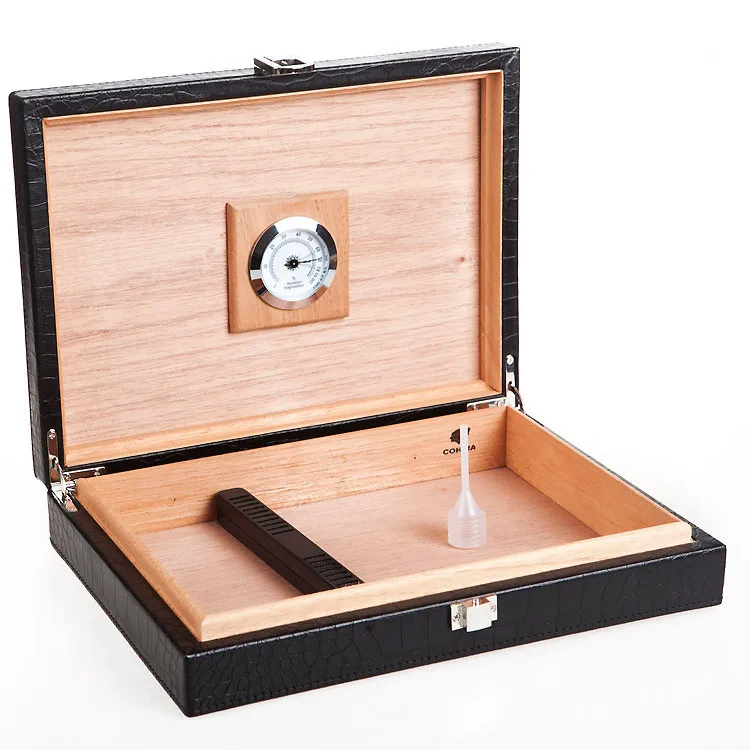 Humidificador de cigarros de madera de cedro de cuero negro de viaje