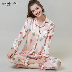 WHOHOLL Шелковый пижамный комплект для женщин шелковые женские пижамы из двух частей рубашки + брюки для девочек Роскошные Натуральный длинн