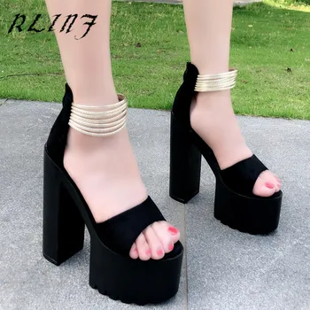 

RLINF 2019 New Thick with High Heel Open Toe Simple Word with Sexy Wild Hollow Sandals Female Summer