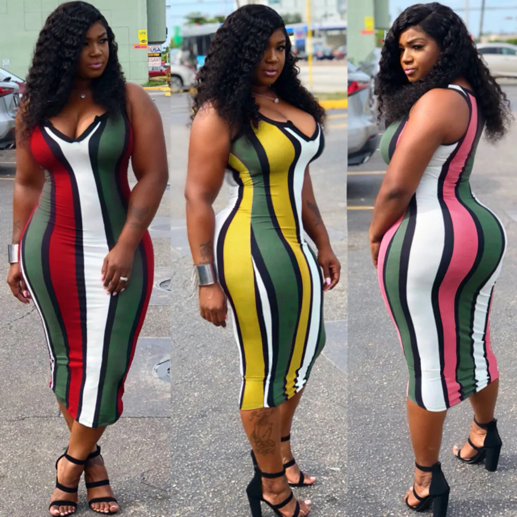 

Striped Fashion Women Dresses 2019 Spring Summer Womens Casual Sexy V-Neck Sleeveless MId-Calf Dress Robe Femme Bodycon Dress #4