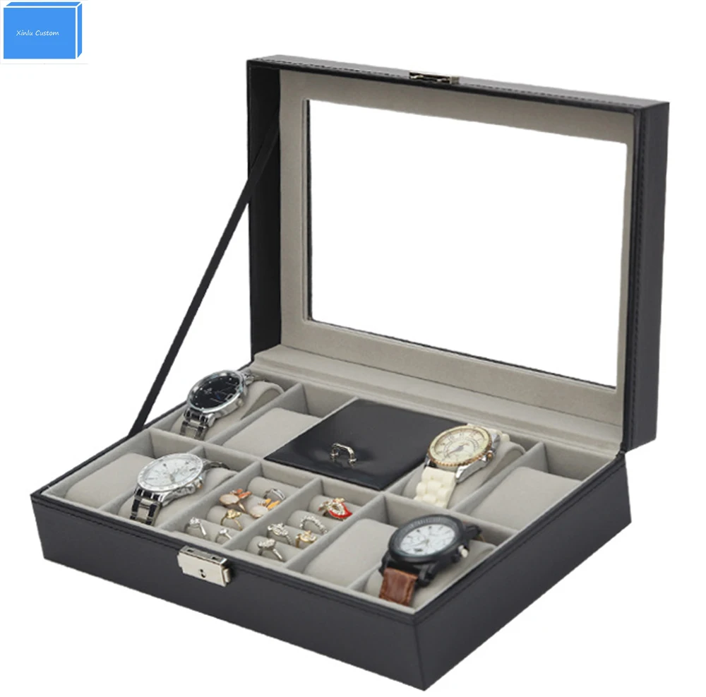 Black PU Jewelry Ring+Watch Box 8 Grids Slots Watches Display Organizer