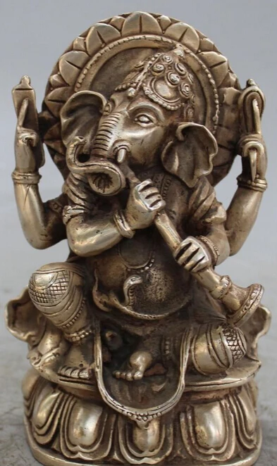 

6" Tibet Silver Four Arms hand Ganapati Elephant God mammon Buddha Statue S0706