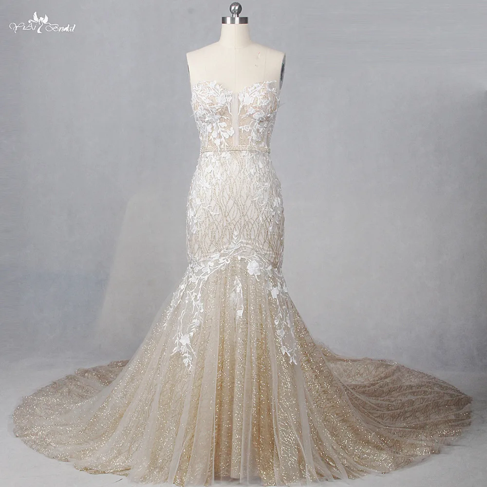 Rse807 yiaibridal длинным шлейфом Милая декольте Цветной золота и слоновой кости Элегантный Русалка золотой блеск вечернее платье