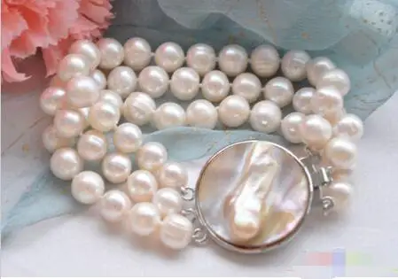

FREE SHIPPING HOT sell new Style >>>> 3row 8" 10mm WHITE ROUND FRESHWATER PEARL BRACELET