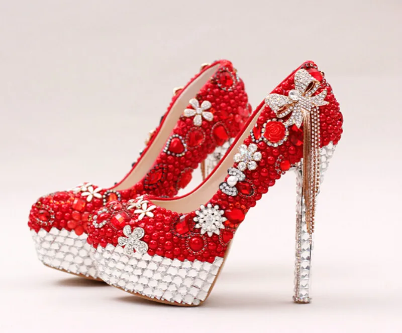 High with red pearl bridal shoes Bow tassel dress shoes White crystal wedding shoes waterproof