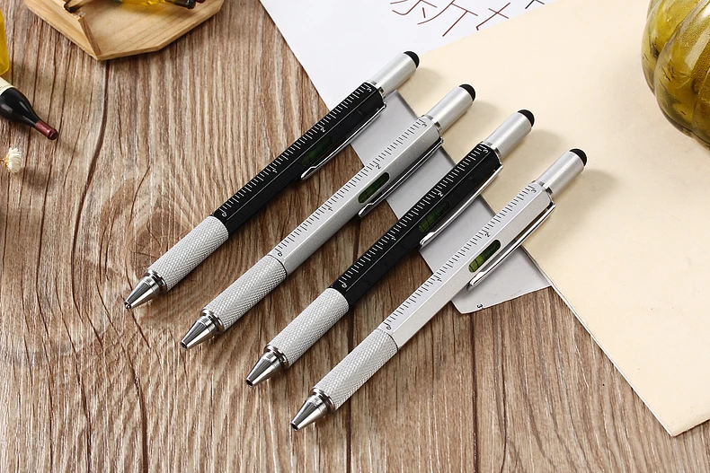 ballpoint pen with 5pcs ink metal main-part Multi-function tool pen have dividing rule screwdriver free shipping