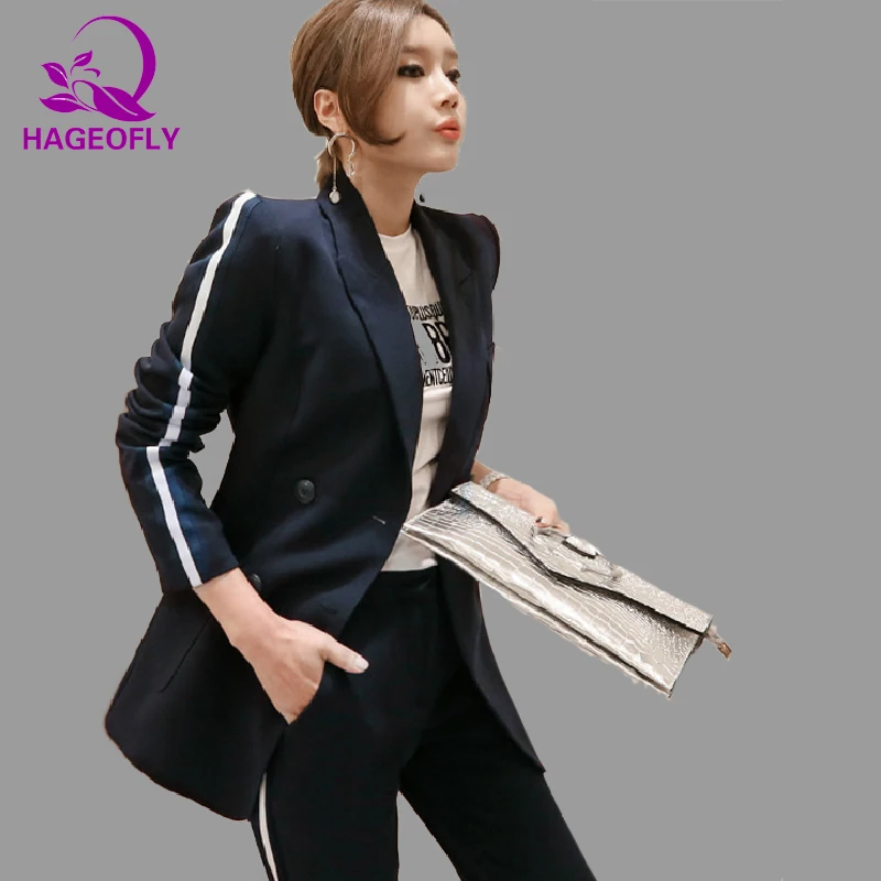 HAGEOFLY Dark Blue Blazer Suit Women Business 2 Piece Interview Suit Set Uniform Long-sleeved Blazer and Pencil Pant OL Suits