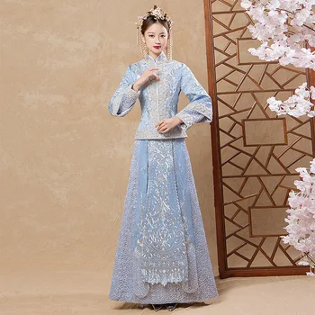 

Elegant Blue Bride Toast Clothes Vintage Women Wedding Cheongsam Suit High Quality Embroidery Oriental Style Qipao Vestidos