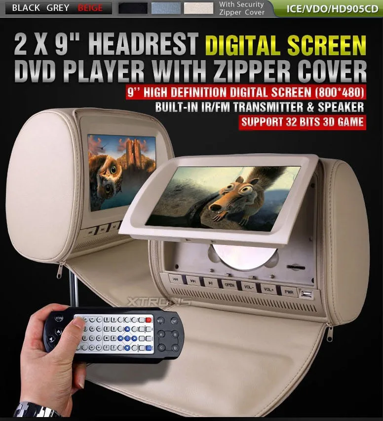 Flash Deal 2x9" Headrest Audio Car DVD Player Support 32 Bits Game Seatback Video Cover With Zipper IR USB SD Radio Stereo Pillow Monitor 1