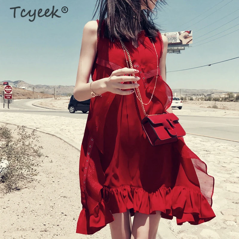 

Tcyeek Vintage Summer Dress for Women Clothes 2019 Elegant Sexy Boho Beach Chiffon Dress Ladies Red Black Short Vestidos LW506