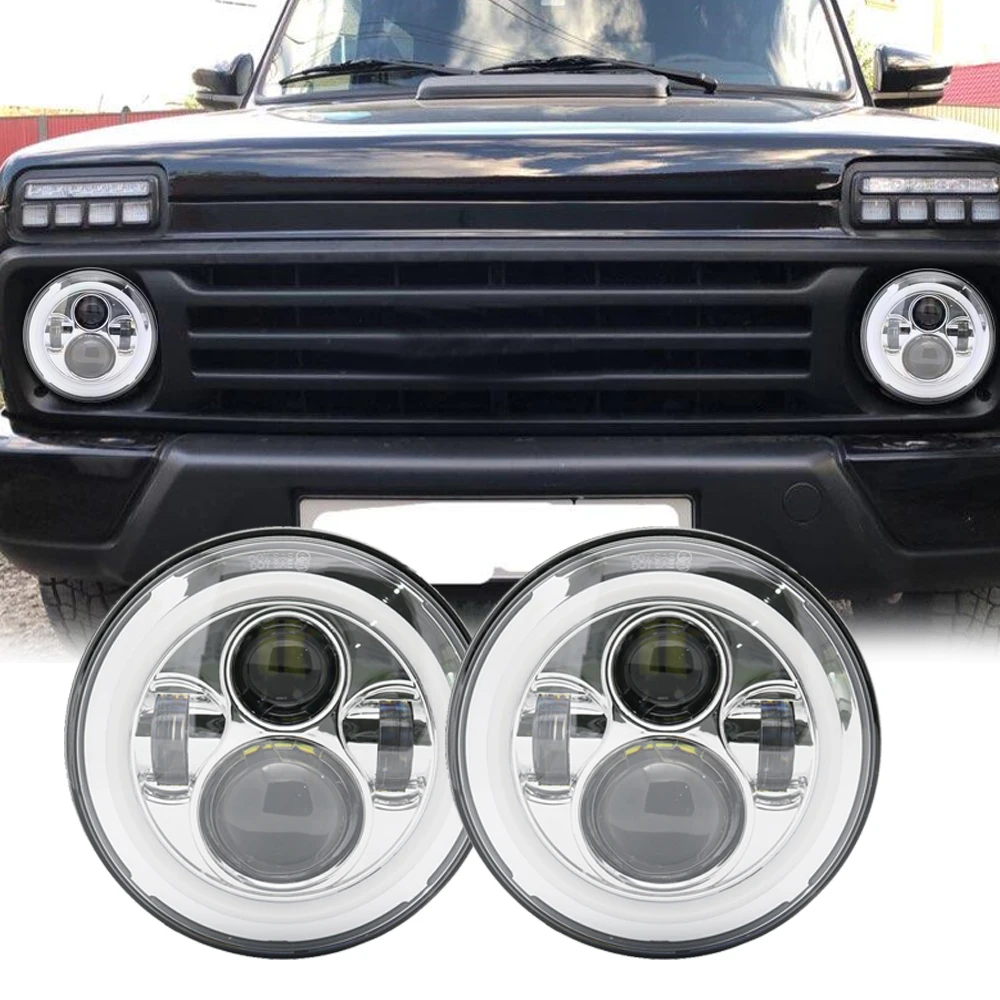 

7inch LED Halo Headlights 7" LED Headlight H4 Hi/low Auto Headlight With Angle Eye For Jeep for lada niva 4x4