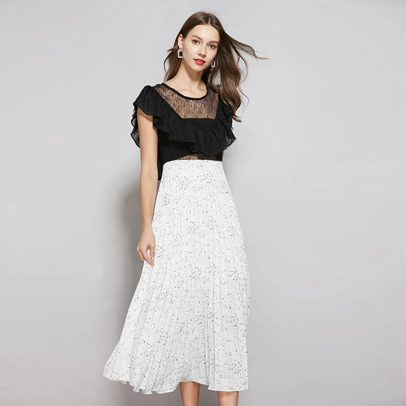 

2019 Women's Clothing Summer Fashion O-neck Ruffles Short Sleeves Dress Mesh Patchwork Print Pleated Long Chiffon Dresses Female