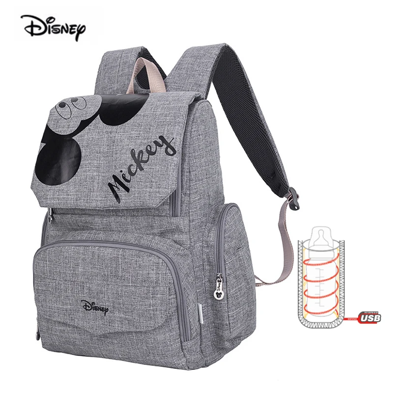 

Disney New Multifunctional Baby Bag For Mom Fashion Double Shoulder Diaper Bag Nappy Backpack With Hooks USB Heater Pink Gray