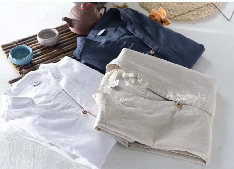 Мужская весенне-Осенняя мода года, брендовая винтажная хлопковая льняная рубашка в японском стиле с длинными рукавами и v-образным вырезом, мужская повседневная Однотонная рубашка
