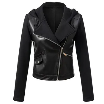 

2020 New Fashion Women Autumn Winter Black Faux Leather PU Jackets Zipper Casual Black Moto Basic Coat Hooded Biker Jacket Tops