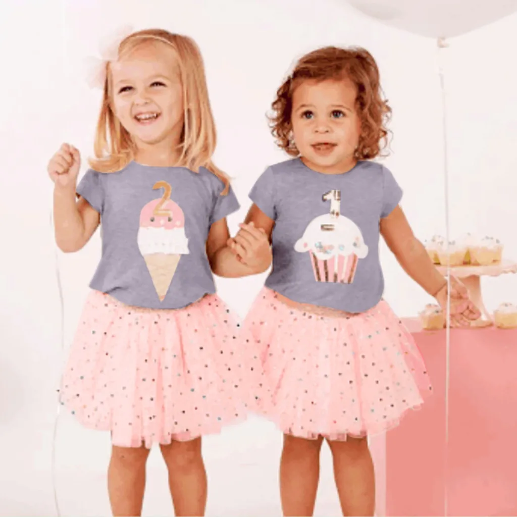 Летнее платье фатиновые топы для девочек с рисунком мороженого, meisjes kleding, футболка+ юбка-пачка в горошек, комплект одежды, vestido infantil ensemble fille