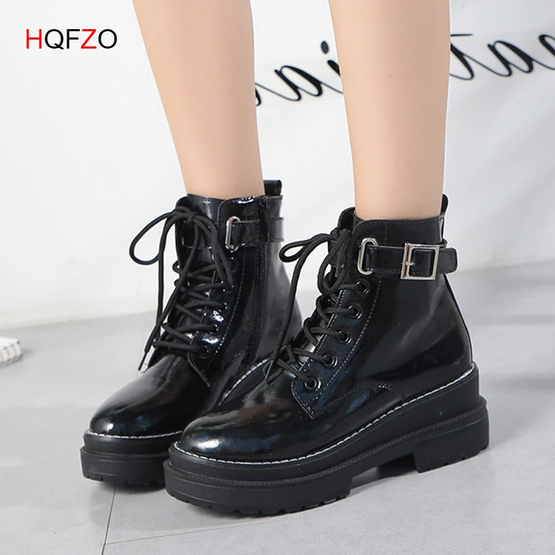

HQFZO British Leather Boots Autumn Woman Platform High Heels Belt Buckle Martin womens shoes boots Gothic shoes Booties
