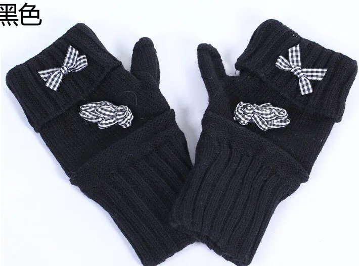 Женские вязаные перчатки с бантиком, теплые зимние и весенние перчатки без пальцев, вязаная рукавица - Цвет: Black