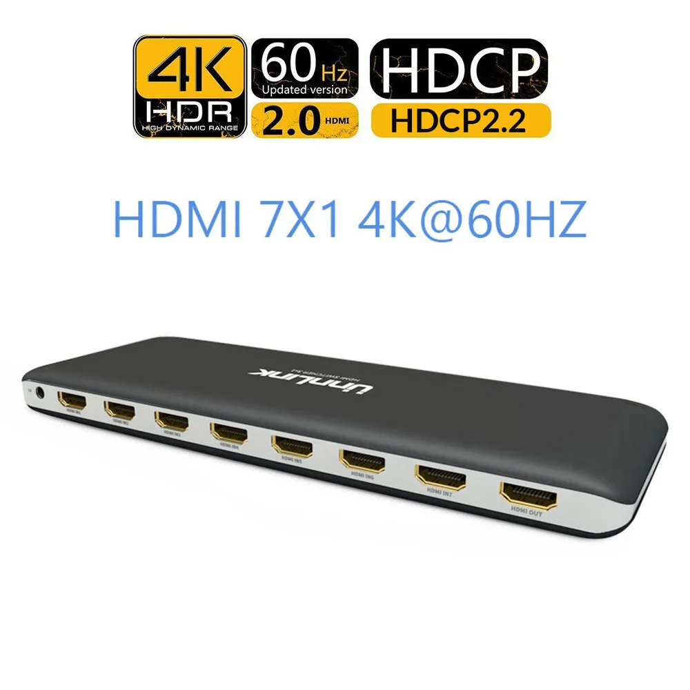 Unnlink HDMI коммутатор 7X1 HDMI 2,0 UHD4K@ 60 Гц HDCP 2,2 HDR 7 в 1 выход с ИК-пультом для Smart tv MI Box3 PS4 проектор - Цвет: 7X1