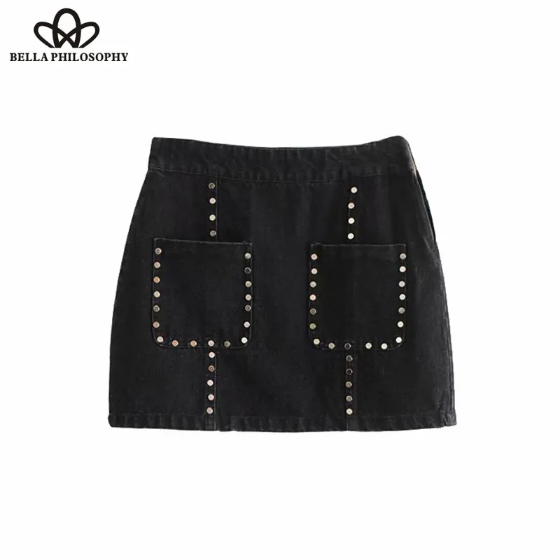 Wonder 2018 new autumn Vintage Stylish Pockets Rivet Rocky Denim Mini Skirt A Line Side Zipper Ladies Skirts Casual Faldas Mujer