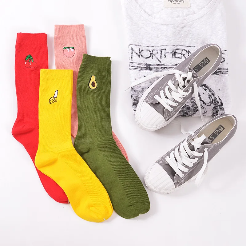 

Cute Cartoon Fruit Print Avocado Banana Cherry Peach Girls Kawaii Socks meias Korean Harajuku Embroidery Pile Heap Funny Socks