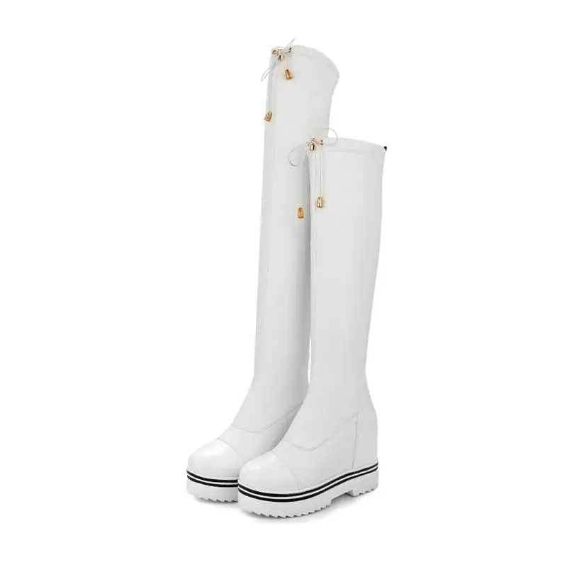 Femmes forme Sur Morazora Souple De Bottes 2 43 Longues En Taille Genou Printemps white Le black Grande Automne Plate blanc Cuir 34 Mode Pu 2 Noir 0ddqX