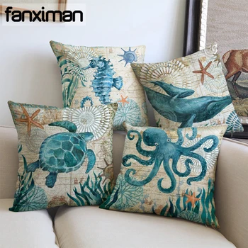 

Marine Ocean Sea Turtle Printed Cushion Cover Sea Horse Shark Home Decor Pillowcase Octopus Sofa Cushion Case housse de coussin