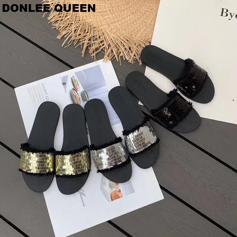 

DONLEE QUEEN Women Slippers Bling Sequined Cloth Slides Flat Women Casual Shoes Beach Flip Flops Platform Sandal Slip On Slipper