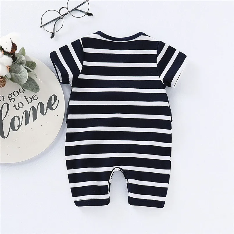 Infant Baby Boys Short Sleeve Gentleman Bow Tie Striped Print Romper Jumpsuit  (14)
