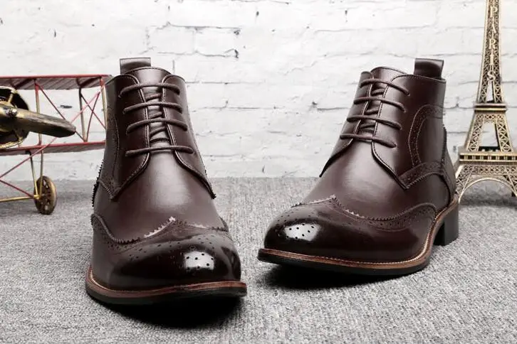 QFFAZ Men Chelsea Boots lace-up Waterproof Ankle Boots Men Brogue Fashion Boots Microfiber Leather shoes Big Size 38-45