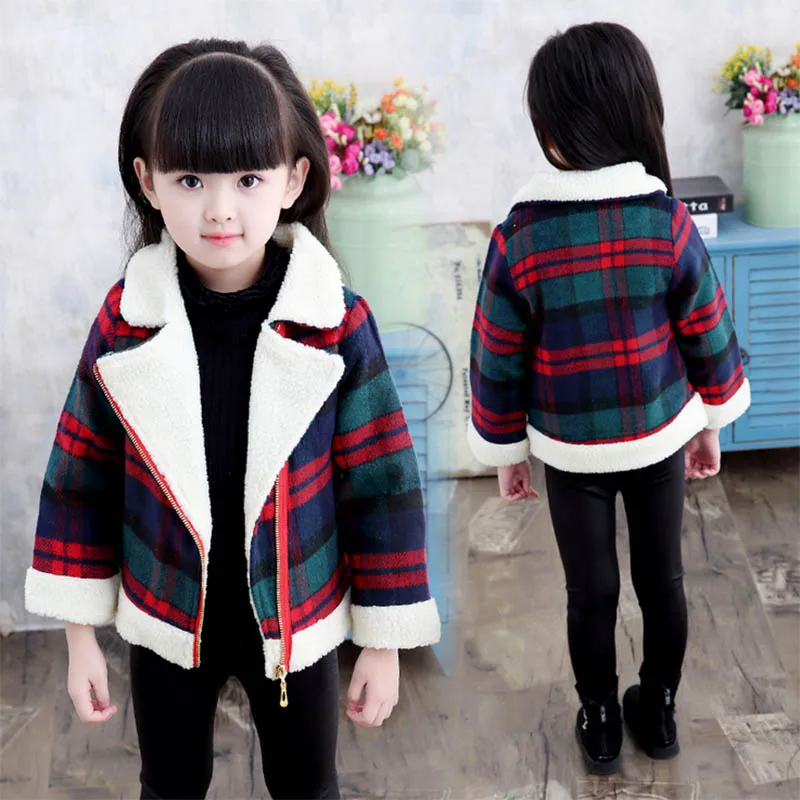 Autumn fall plaid thicken woollen jacket for girls kids zipper casual coat for girl woolen coat for girls (7)