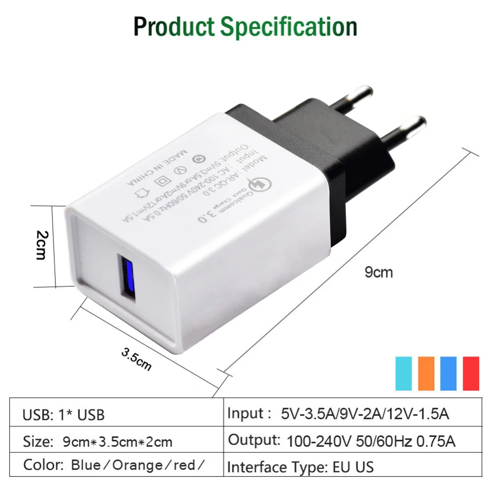 QC3.0 18W Single USB Charger Plug Mobile Phone Charger For iPhone Samsung Huawei Xiaomi