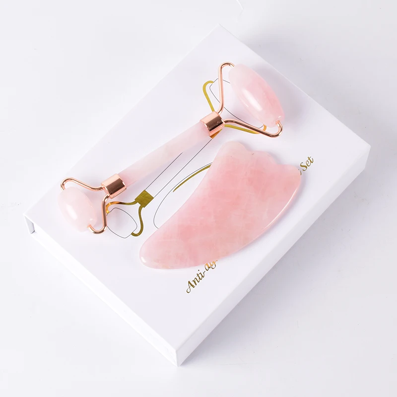 

Rose Gold Facial Roller Neck Scraping Tool Set Gua Sha Natural Rose Quartz Massage Body Face Healing Stone Health Care Beauty
