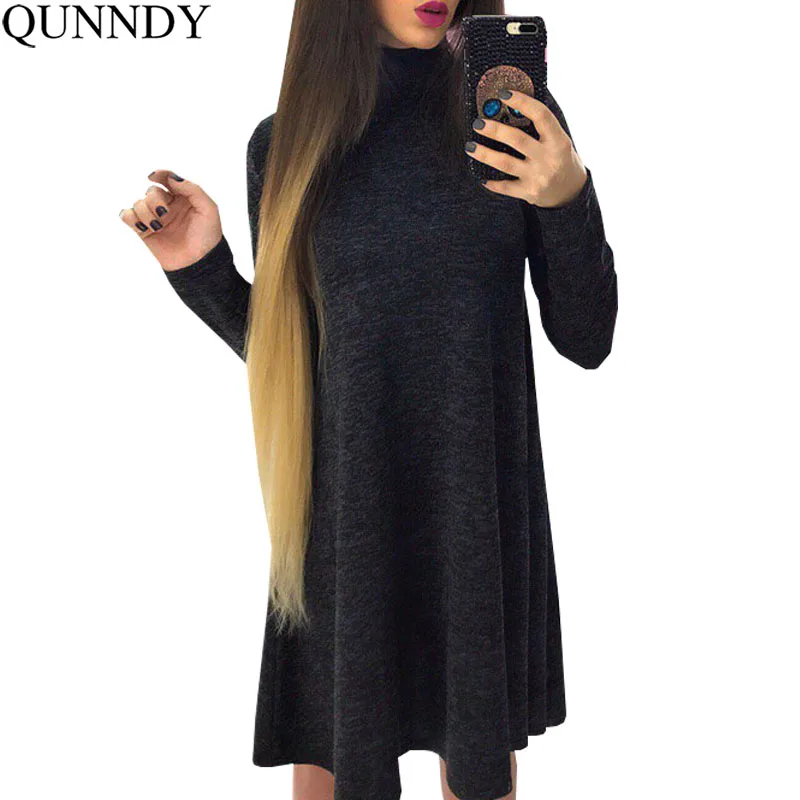 

Qunndy Cotton Winter Autumn Dress Women Long Sleeve Turtleneck Long Sleeve Ladies Solid Loose Dresses Casual Vestidos Robe