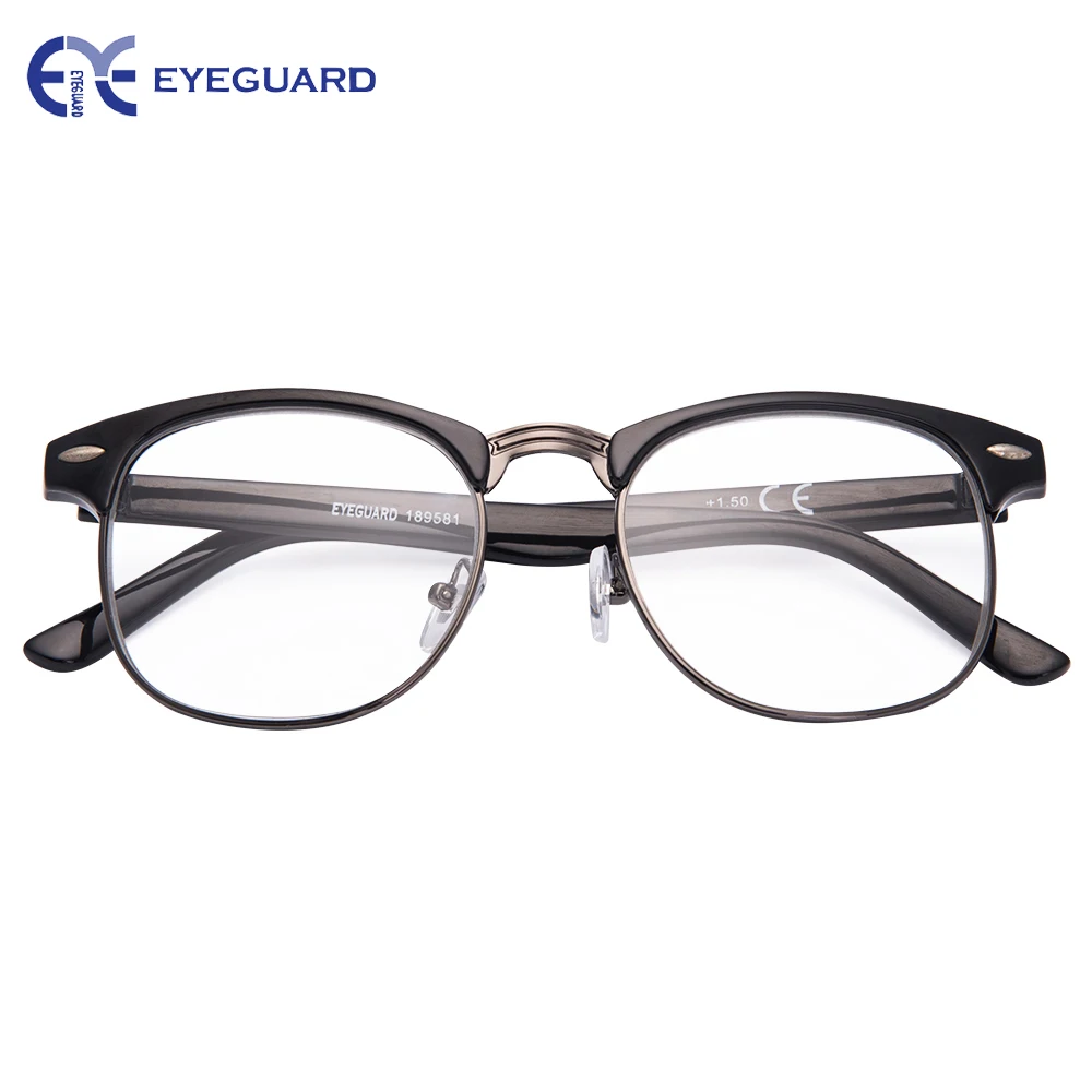 EYEGUARD круглая половина дужки металл очки для чтения Пружинные шарниры классические читатели унисекс черный с жестким чехлом