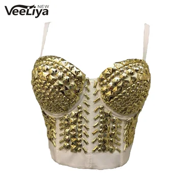 

Unique White Golden Rhinestone Gaga Bustier Pearls Diamond Push Up Night Club Bralette Women's Bra Cropped Tube Top S-XL