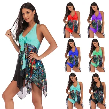 

Lovely Girl Plus Size Suits Women Tankini Floral Print Swimwear Two Piece Print Bathing Asymmetric Swimdress 30 Drop shipping