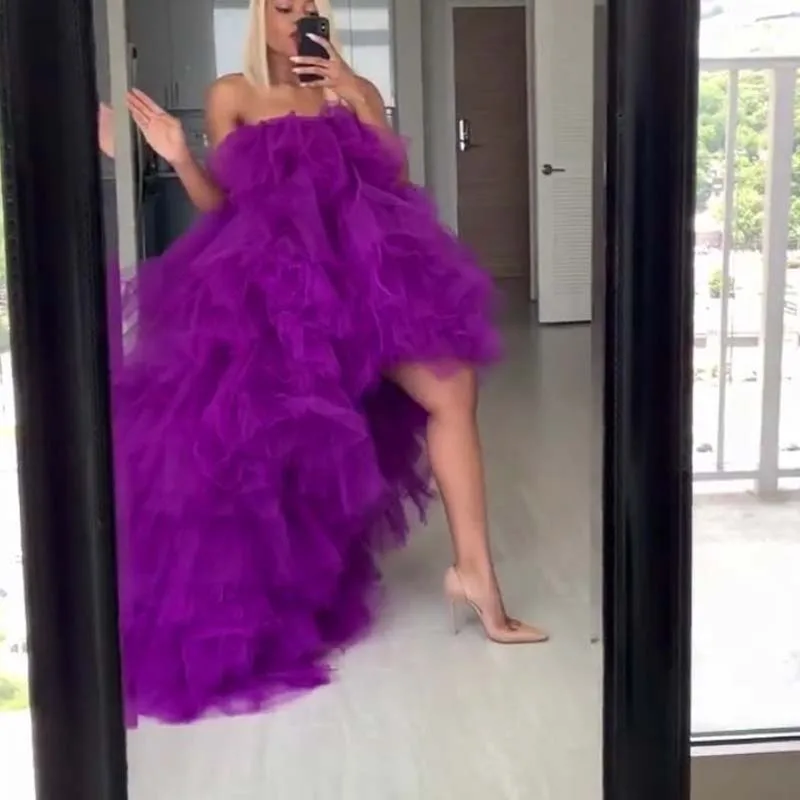

Purple Evening Formal Dresses Sexy Strapless Ruffles Prom Gown Hi low Vestido Formatura robe de soiree Chic Tiered Party Dresses