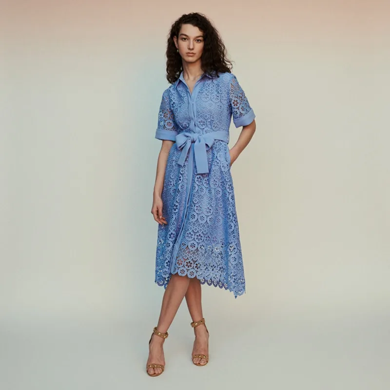 

2019 New Women Hollow Out Lace Long Dress With Belt White and Blue Color