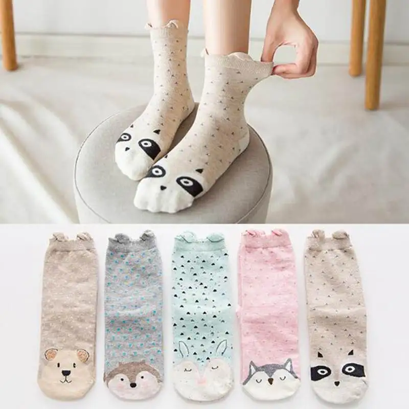 5 пар/партия, милые женские носки, хлопчатобумажные забавные носки с объемными ушками, носки для девочек, Kawaii, животные, единорог, кошка, лиса