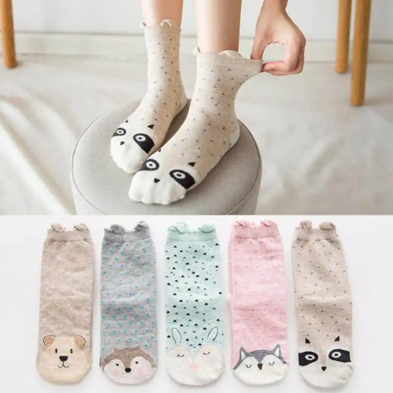 

5 Pairs Women Socks Cartoon 3D Ears Socks Harajuku Cute Animal Cotton Mid Tube Socks Female Sokken