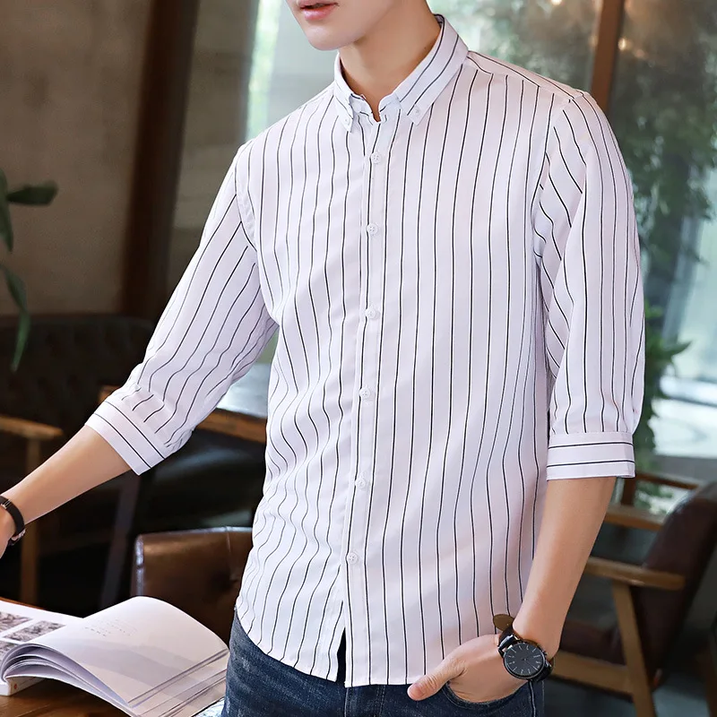

Men's Shirt 2019 New Summer Five-Sleeve Shirt Korean Slim Men's Half Sleeve Shirt Men's Striped Men's Wear 0518ZYV