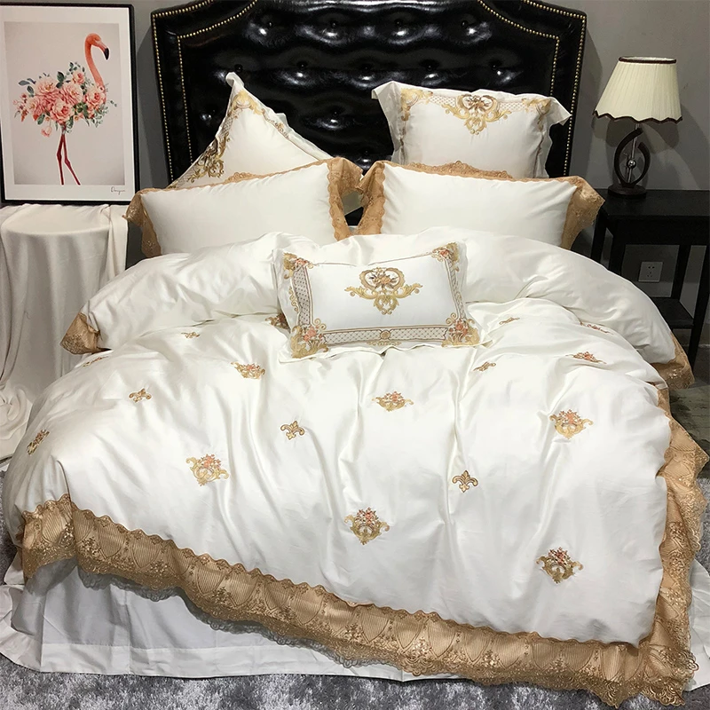 Oriental Embroidery Luxury Royal Bedding Set Egypian Cotton Lace Golden White Queen King Bed Set Bedlinen Sheet Duvet Cover Set Bedding Sets Aliexpress